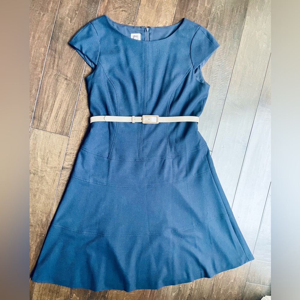 Elegant Navy Blue Dress with Belt by Anne Klein